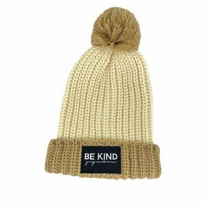 Be Kind Beanie Women's Sz OS Pom Pom Bobble Hat Toque Ribbed Knit Cream Brown